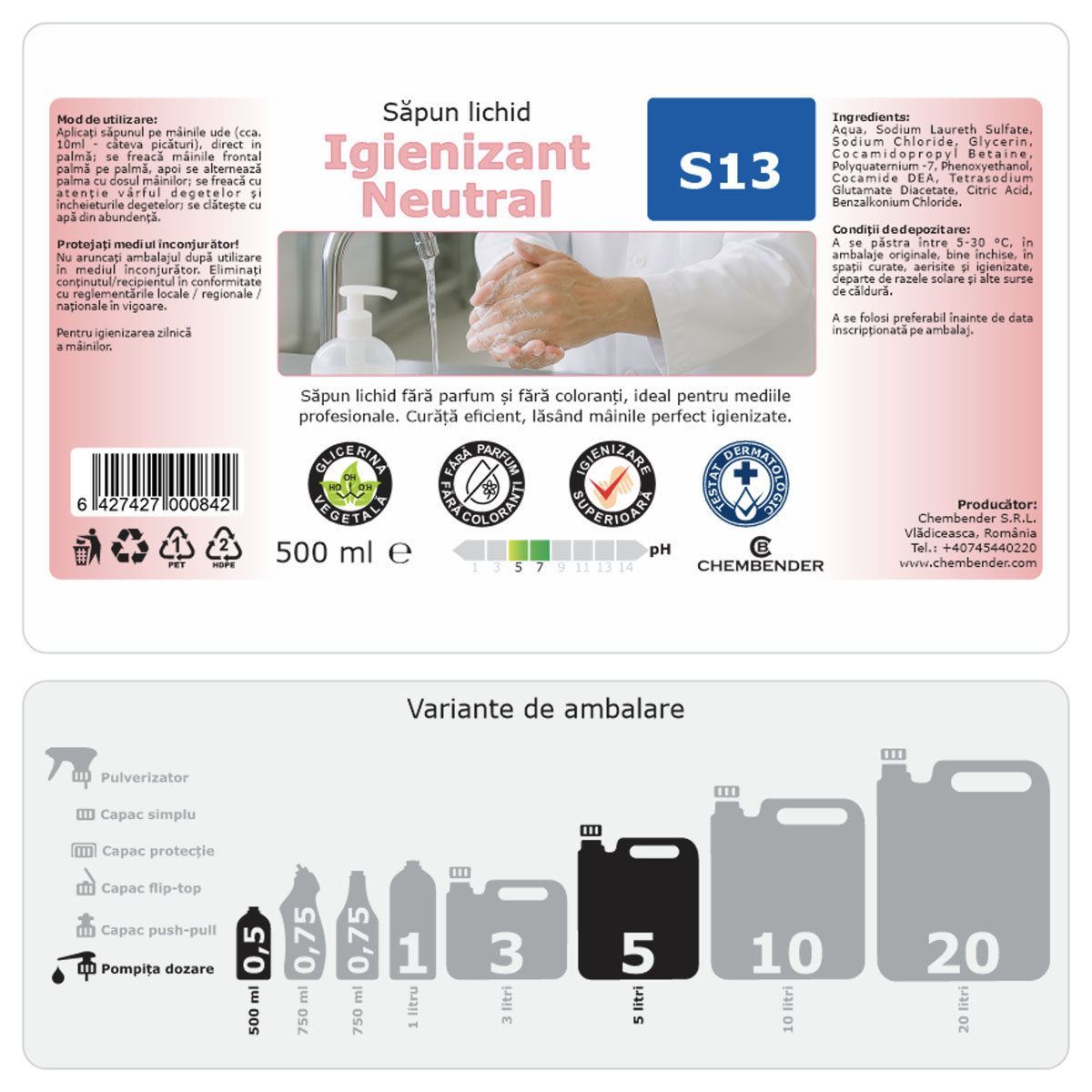 Sapun lichid inodor si incolor Igienizant Neutral S13