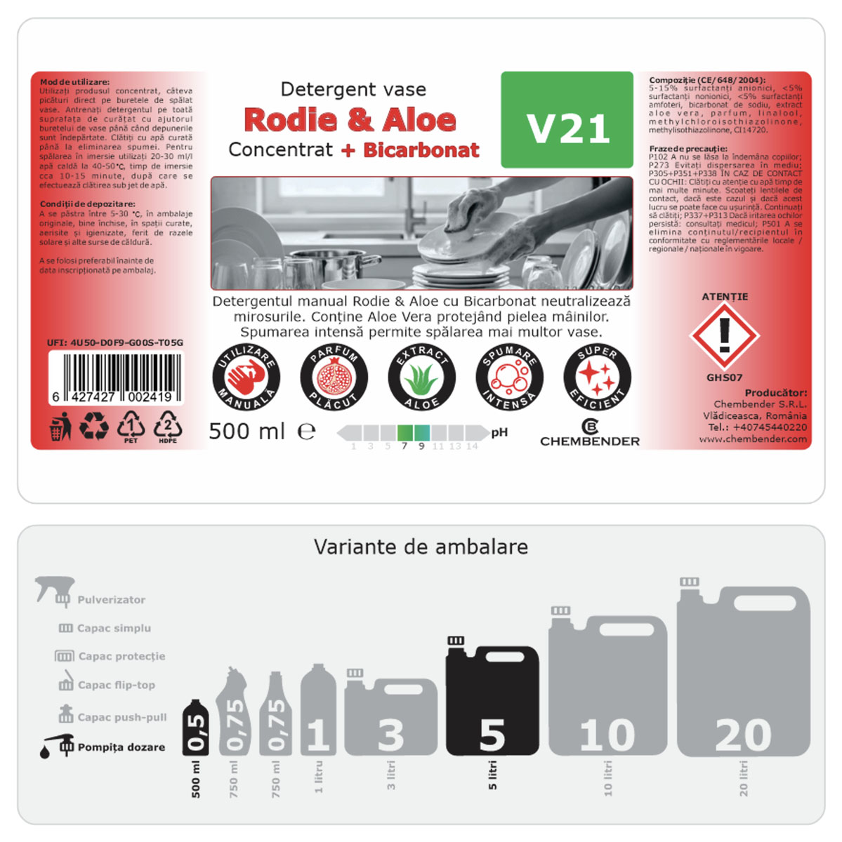 Detergent vase manual concentrat cu Bicarbonat Rodie & Aloe V21