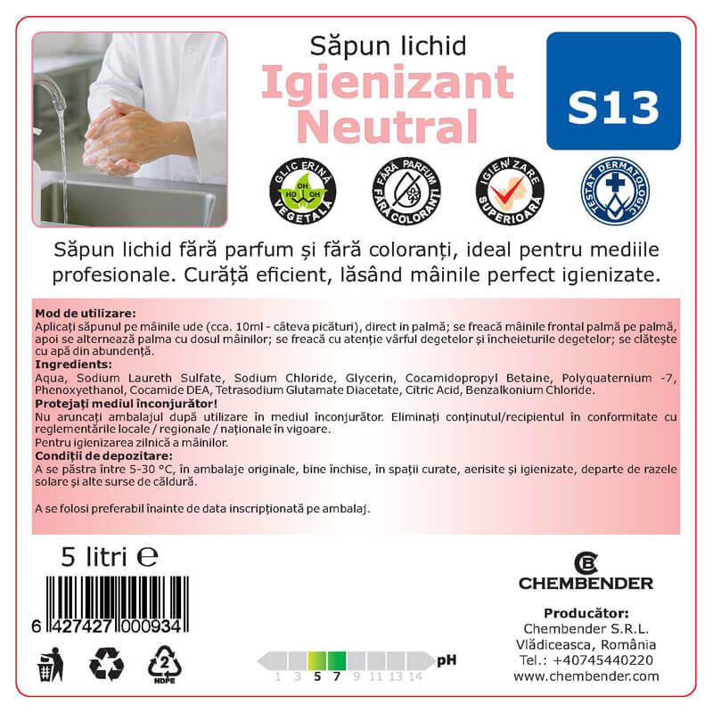 Sapun lichid inodor si incolor Igienizant Neutral S13 - imagine 2