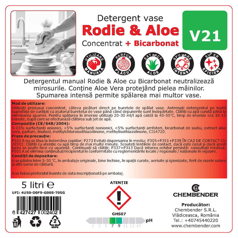 Detergent vase manual concentrat cu Bicarbonat Rodie & Aloe V21 - imagine 2